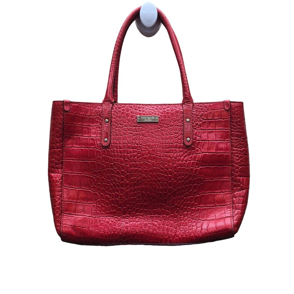 Kate Spade New York Leather Croc Embossed Tote Shoulder Handbag Red/Orange